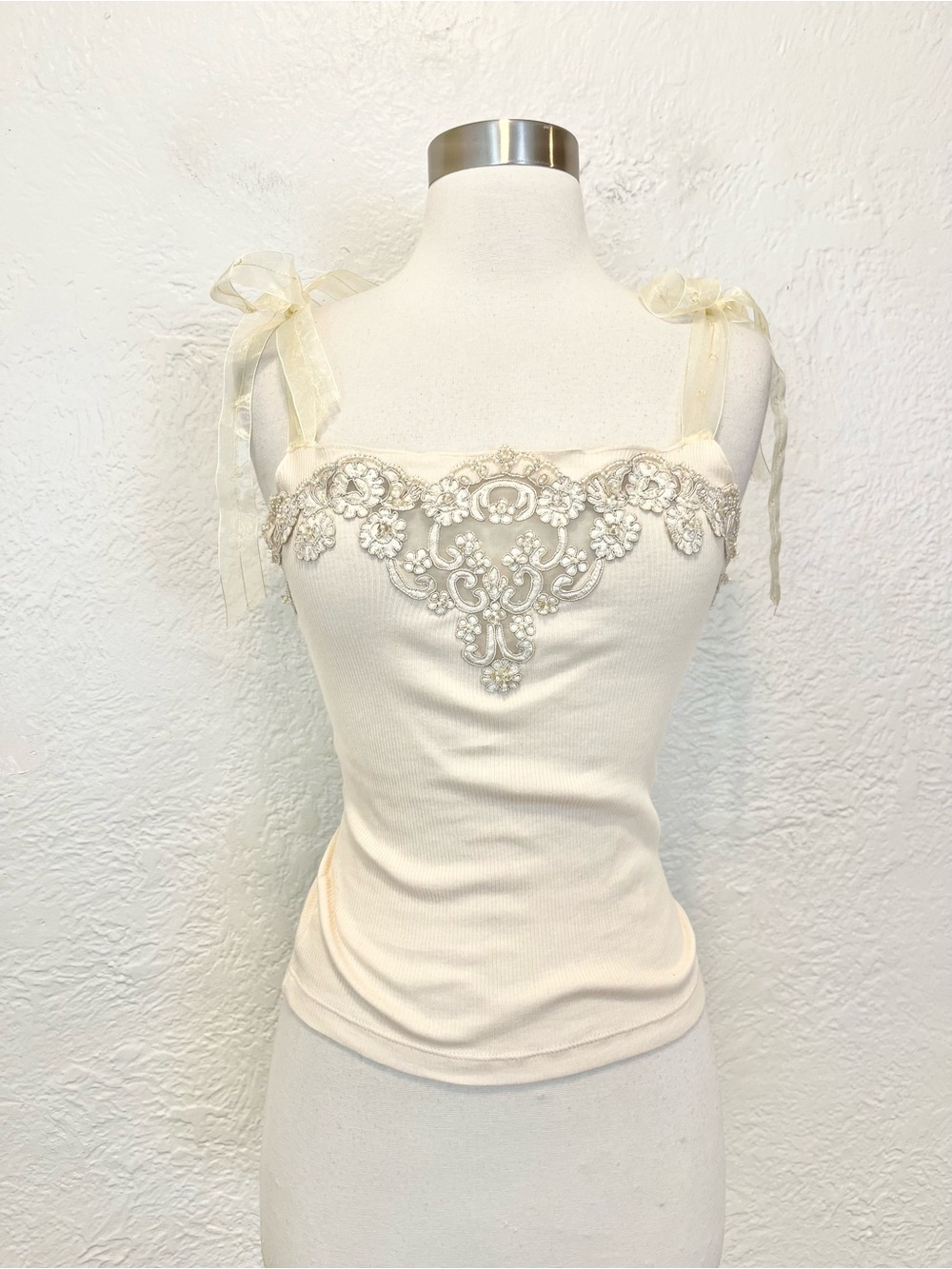 Vintage 90s Y2K Tank Top Fairycore Whimsy Cream Ivory Beaded Mesh Fairy XS/S